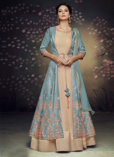 blue net and satin silk jacket style gown anarkali suit 3077